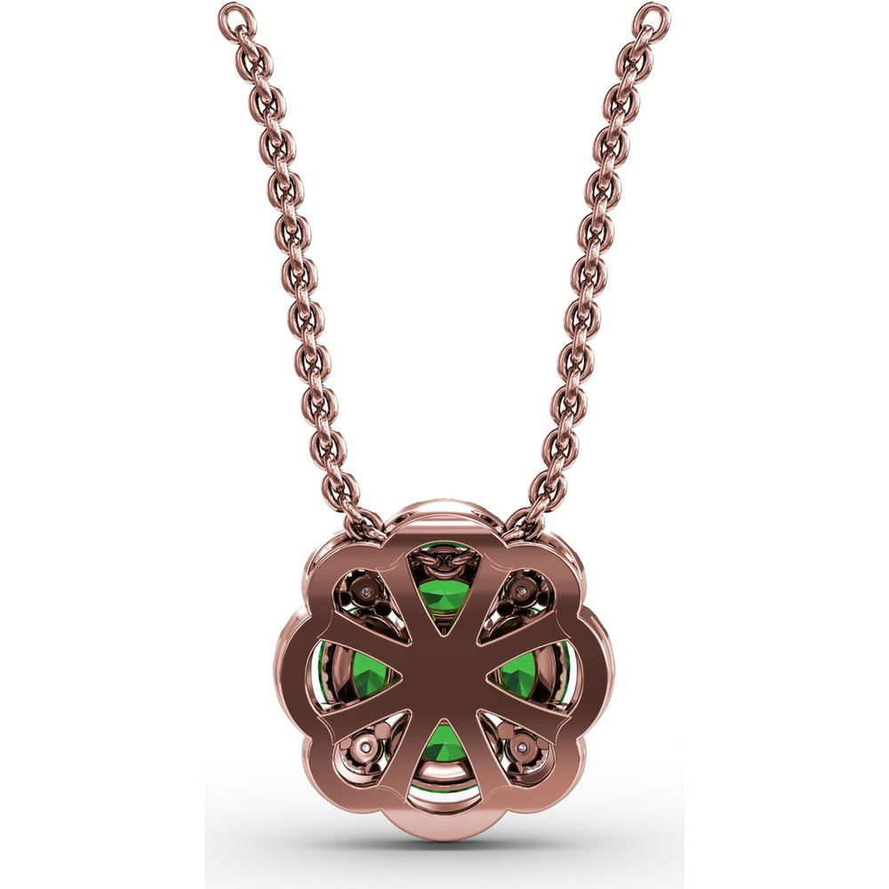 "Love in Bloom" Quatrefoil Pendant with Cushion Cut Emeralds and Diamond Halo by Fana - 0.97 Carat Total Gemstone Weight