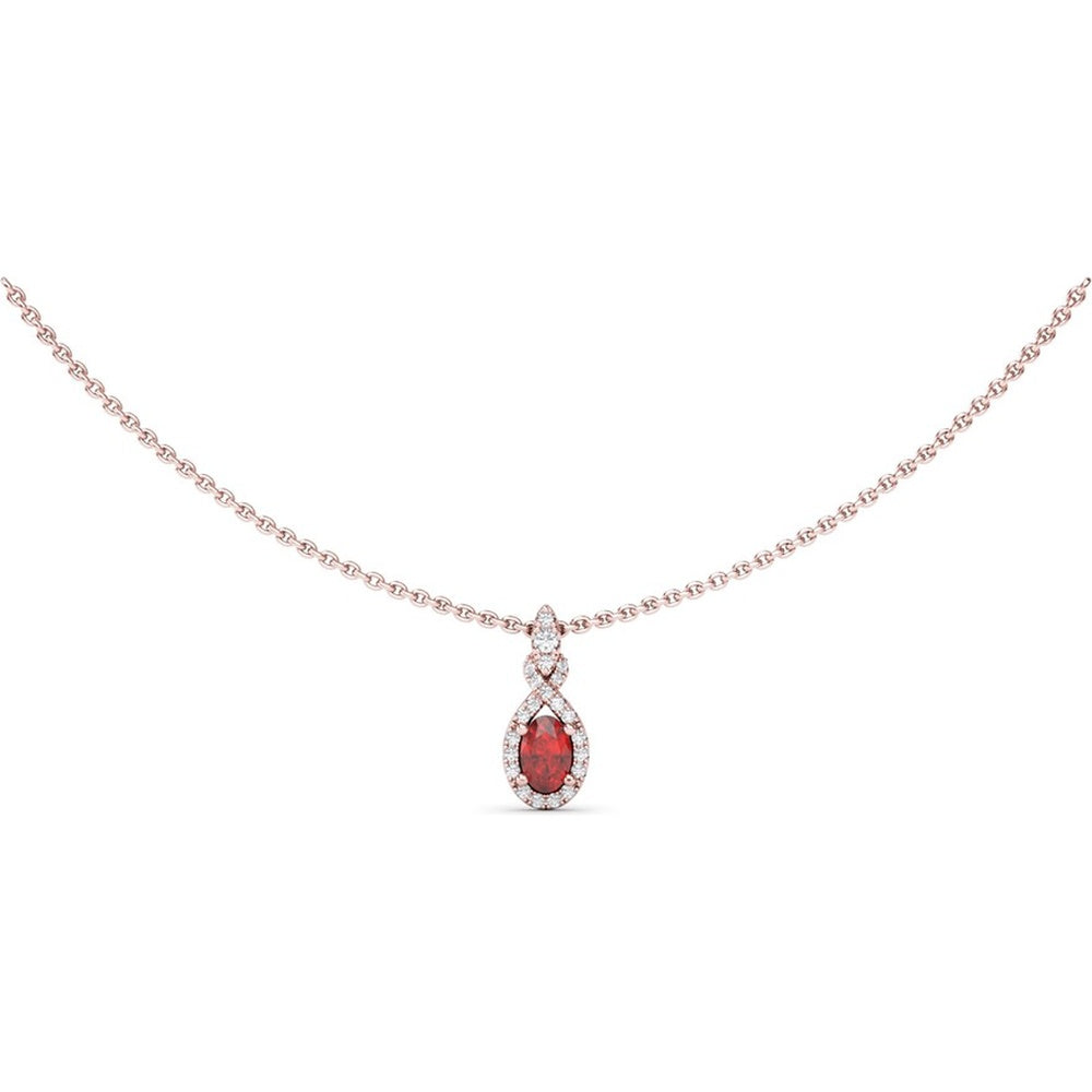Love Knot Necklace with Diamond Halo and Oval Ruby by Fana - 0.83 Carat Total Gemstone Weight