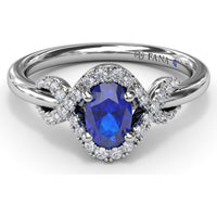 Love Knot Ring with Diamond Criss-Cross Halo and Oval Sapphire Center by Fana - 0.85 Carat Total Diamond Weight