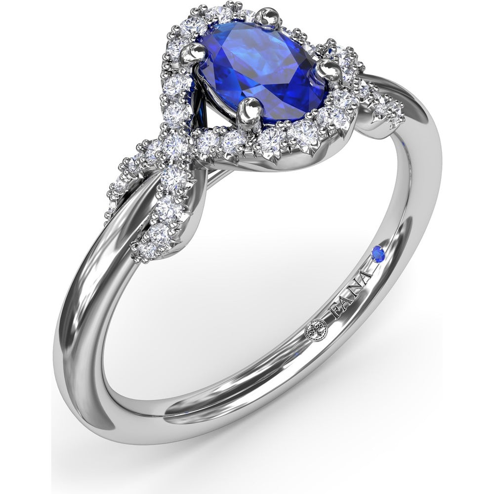 Love Knot Ring with Diamond Criss-Cross Halo and Oval Sapphire Center by Fana - 0.85 Carat Total Diamond Weight
