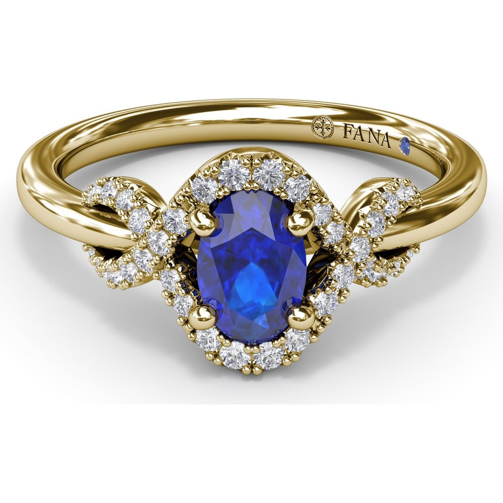 Love Knot Ring with Diamond Criss-Cross Halo and Oval Sapphire Center by Fana - 0.85 Carat Total Diamond Weight