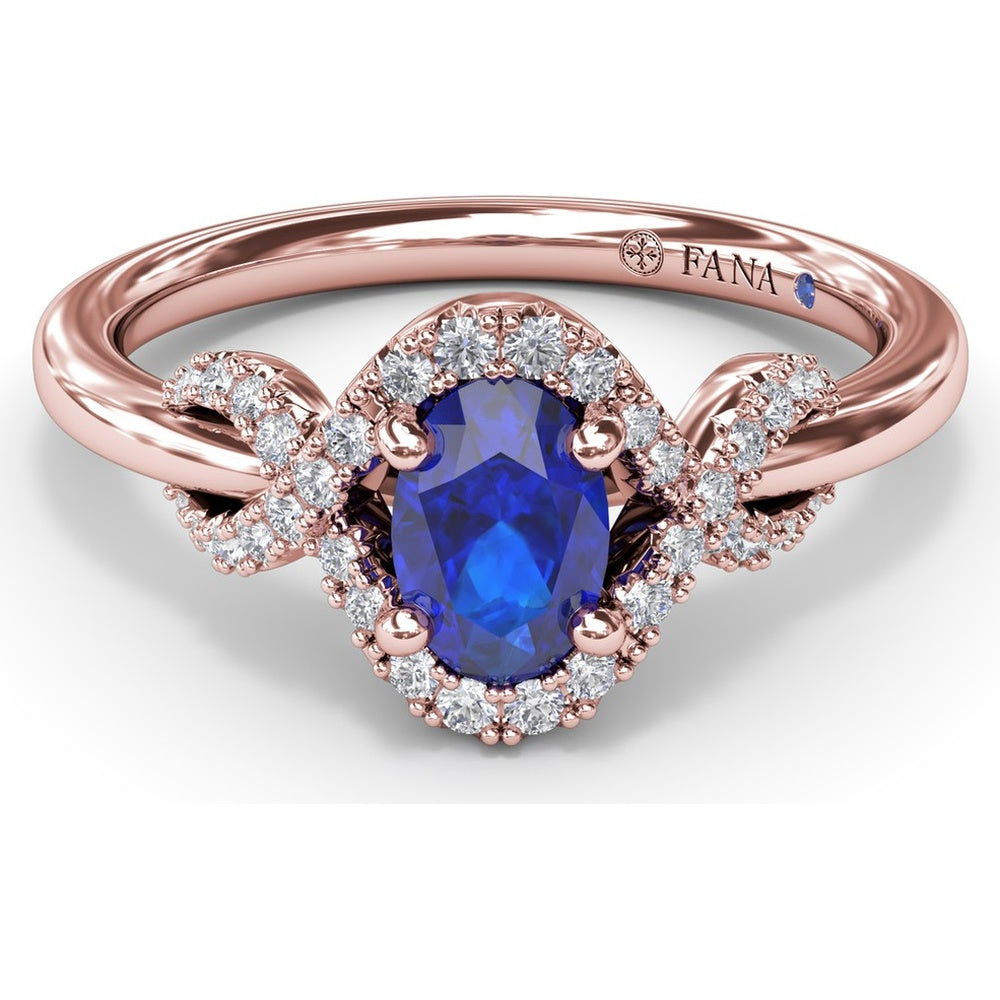 Love Knot Ring with Diamond Criss-Cross Halo and Oval Sapphire Center by Fana - 0.85 Carat Total Diamond Weight