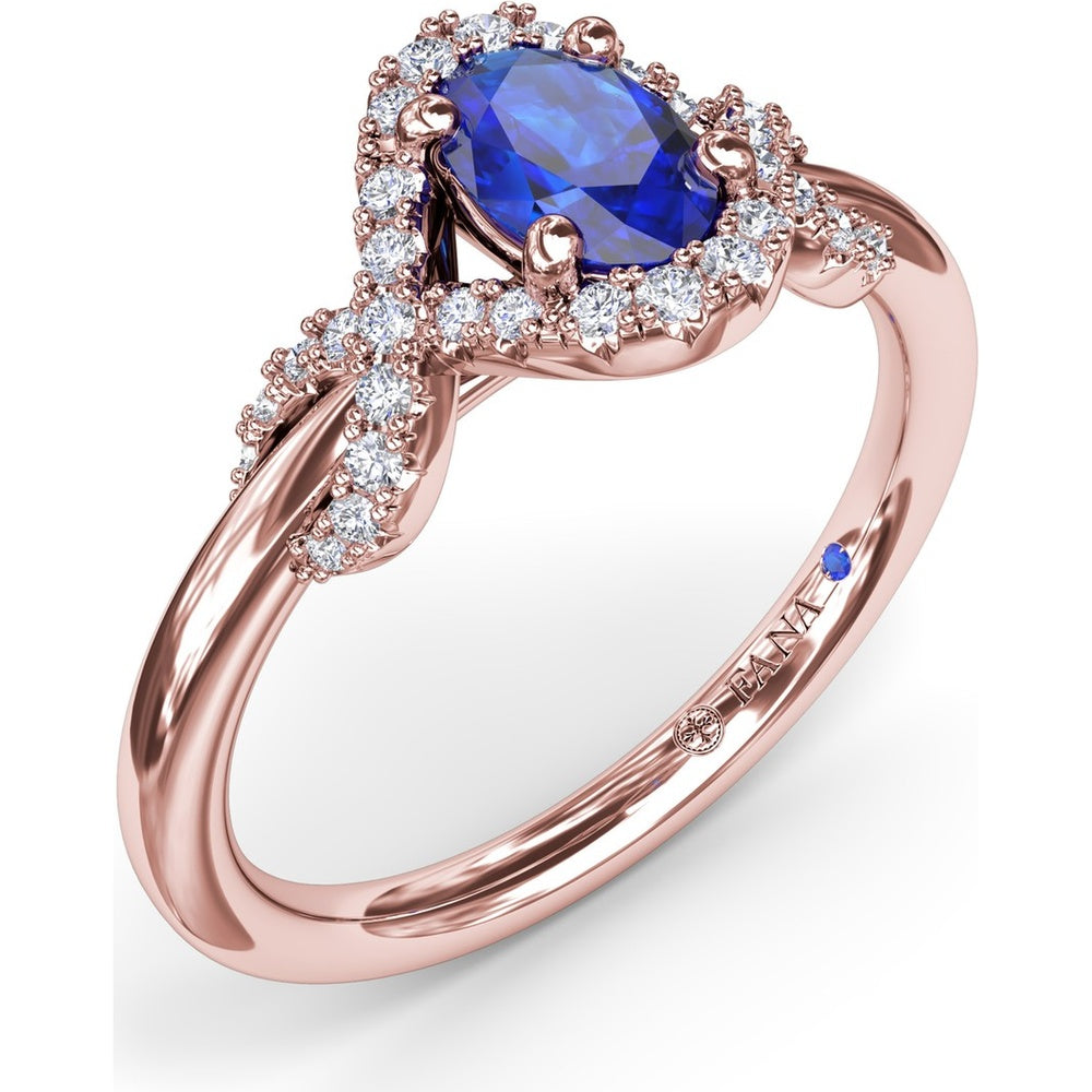 Love Knot Ring with Diamond Criss-Cross Halo and Oval Sapphire Center by Fana - 0.85 Carat Total Diamond Weight
