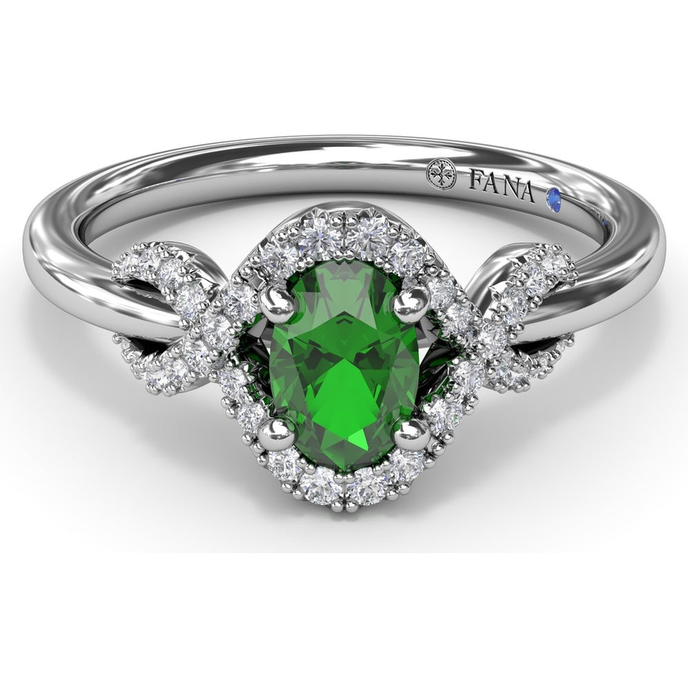 Love Knot Ring with Oval Emerald and Diamond Criss-Cross Halo by Fana - 0.67 Carat Total Gemstone Weight