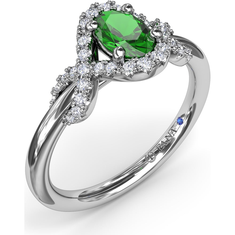 Love Knot Ring with Oval Emerald and Diamond Criss-Cross Halo by Fana - 0.67 Carat Total Gemstone Weight