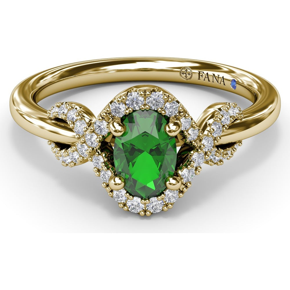 Love Knot Ring with Oval Emerald and Diamond Criss-Cross Halo by Fana - 0.67 Carat Total Gemstone Weight