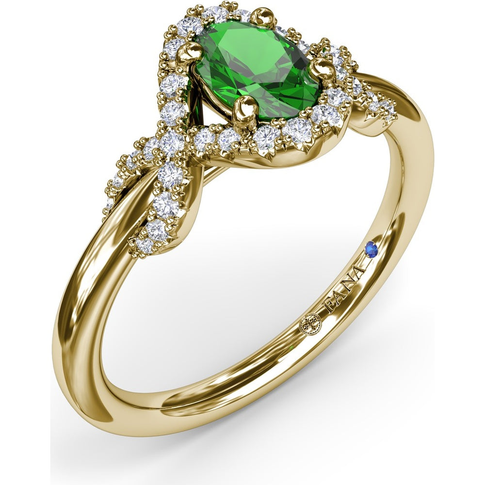 Love Knot Ring with Oval Emerald and Diamond Criss-Cross Halo by Fana - 0.67 Carat Total Gemstone Weight