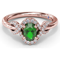 Love Knot Ring with Oval Emerald and Diamond Criss-Cross Halo by Fana - 0.67 Carat Total Gemstone Weight