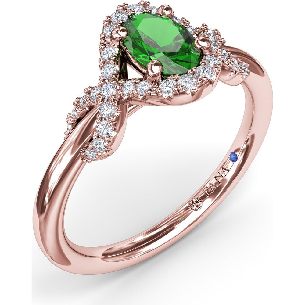 Love Knot Ring with Oval Emerald and Diamond Criss-Cross Halo by Fana - 0.67 Carat Total Gemstone Weight