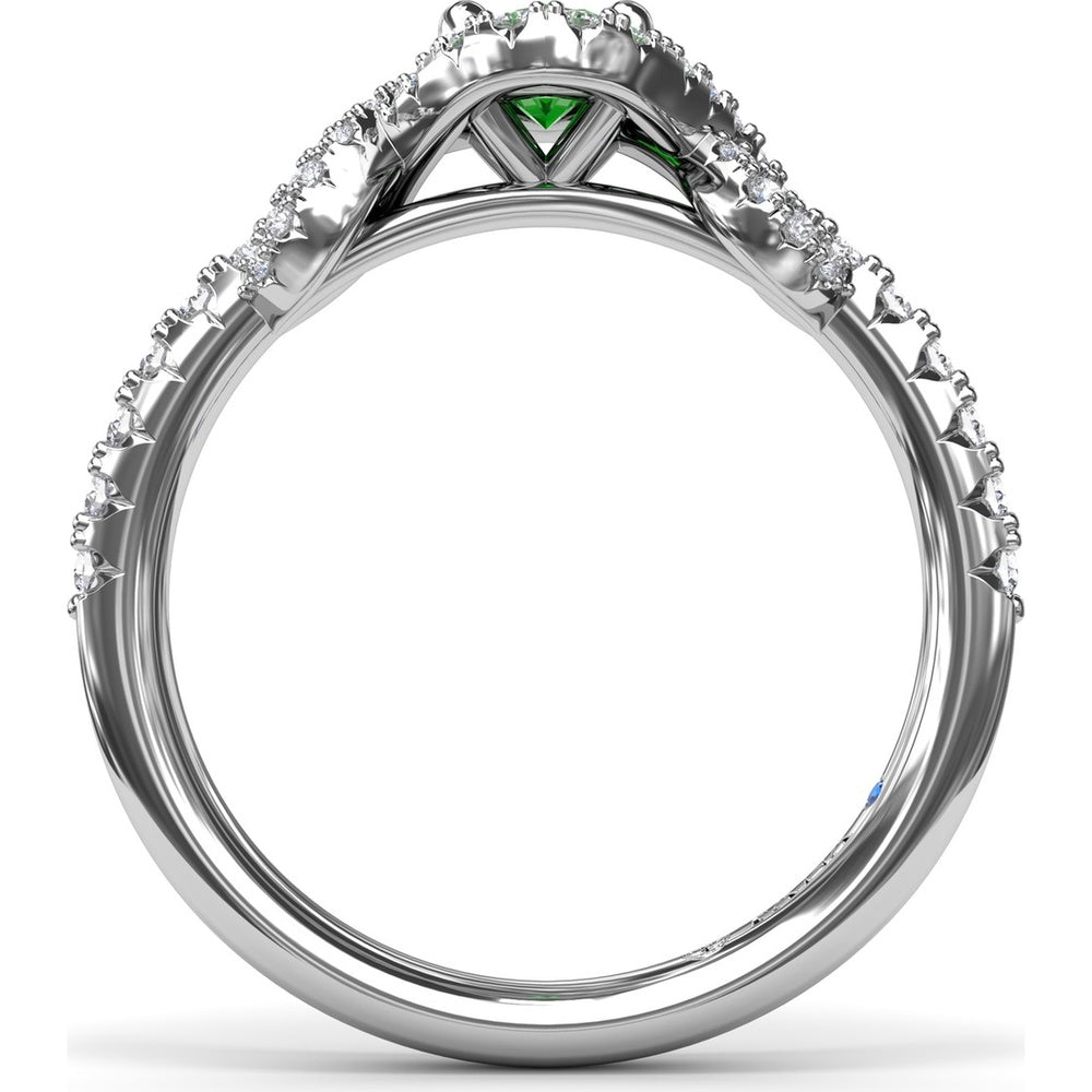 Love Knot Ring with Oval Emerald and Diamond Halo by Fana - 0.87 Carat Total Gemstone Weight