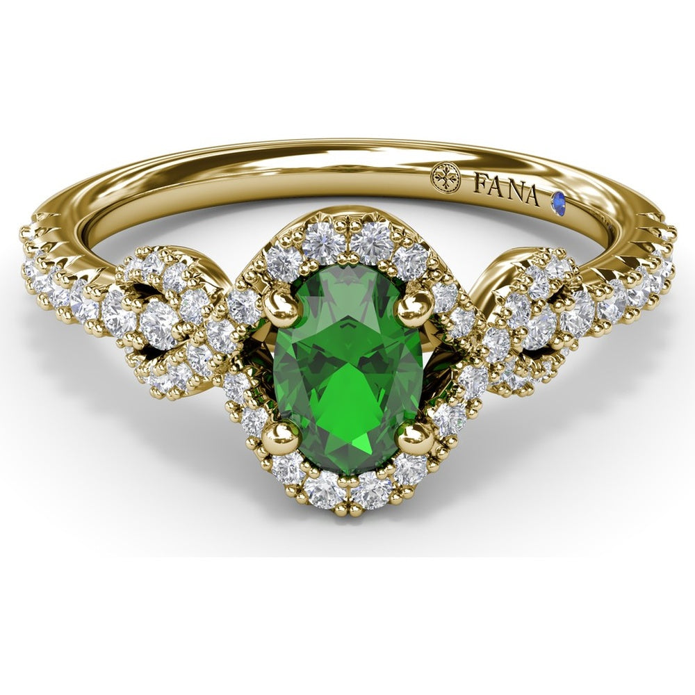 Love Knot Ring with Oval Emerald and Diamond Halo by Fana - 0.87 Carat Total Gemstone Weight