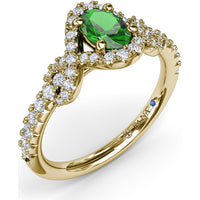 Love Knot Ring with Oval Emerald and Diamond Halo by Fana - 0.87 Carat Total Gemstone Weight