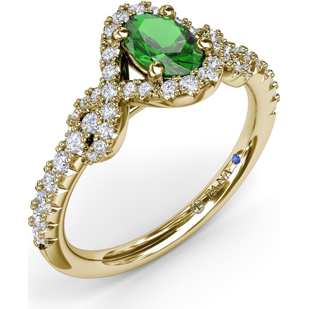 Love Knot Ring with Oval Emerald and Diamond Halo by Fana - 0.87 Carat Total Gemstone Weight