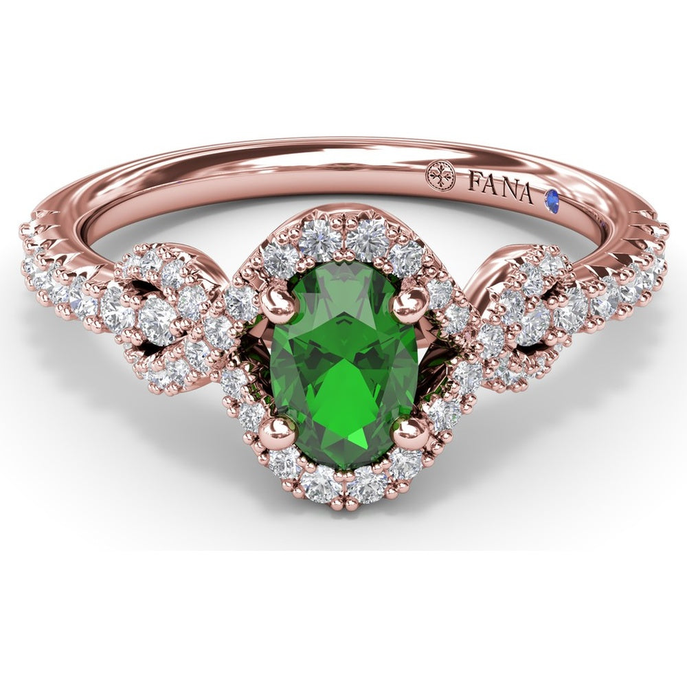 Love Knot Ring with Oval Emerald and Diamond Halo by Fana - 0.87 Carat Total Gemstone Weight