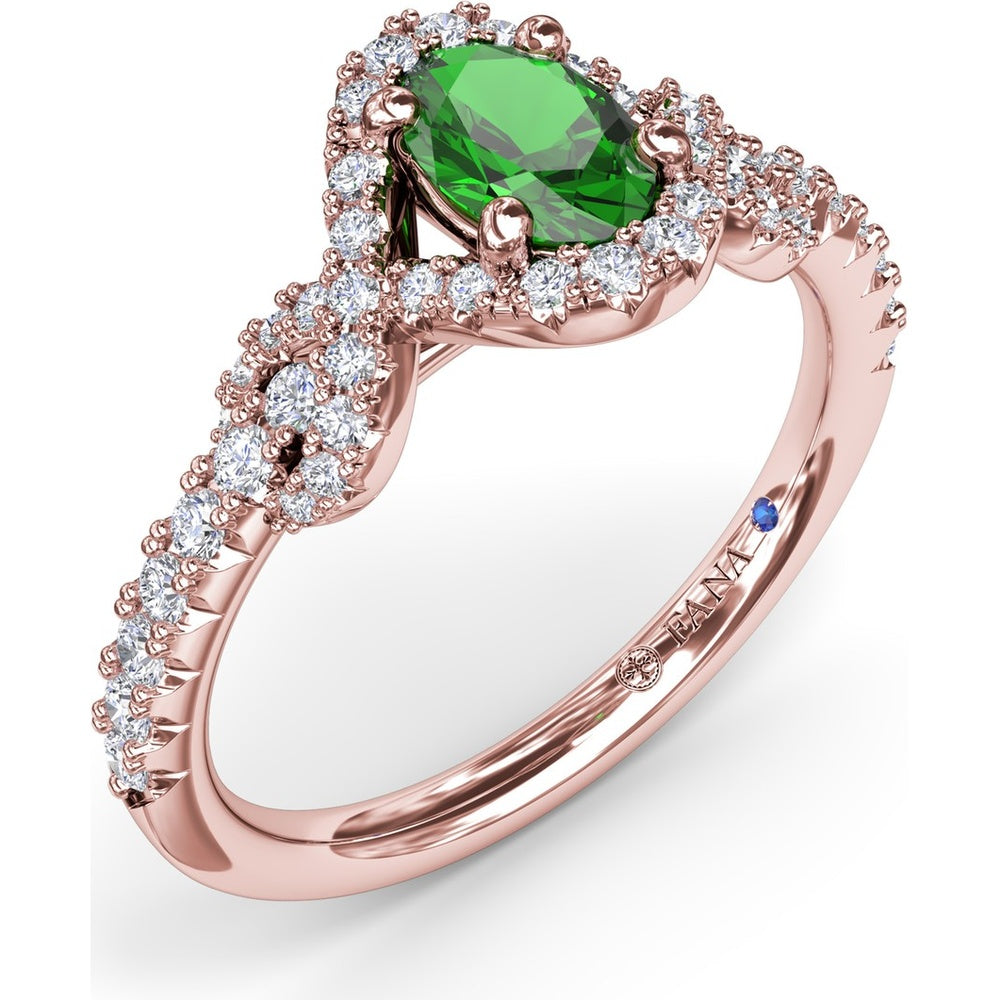 Love Knot Ring with Oval Emerald and Diamond Halo by Fana - 0.87 Carat Total Gemstone Weight
