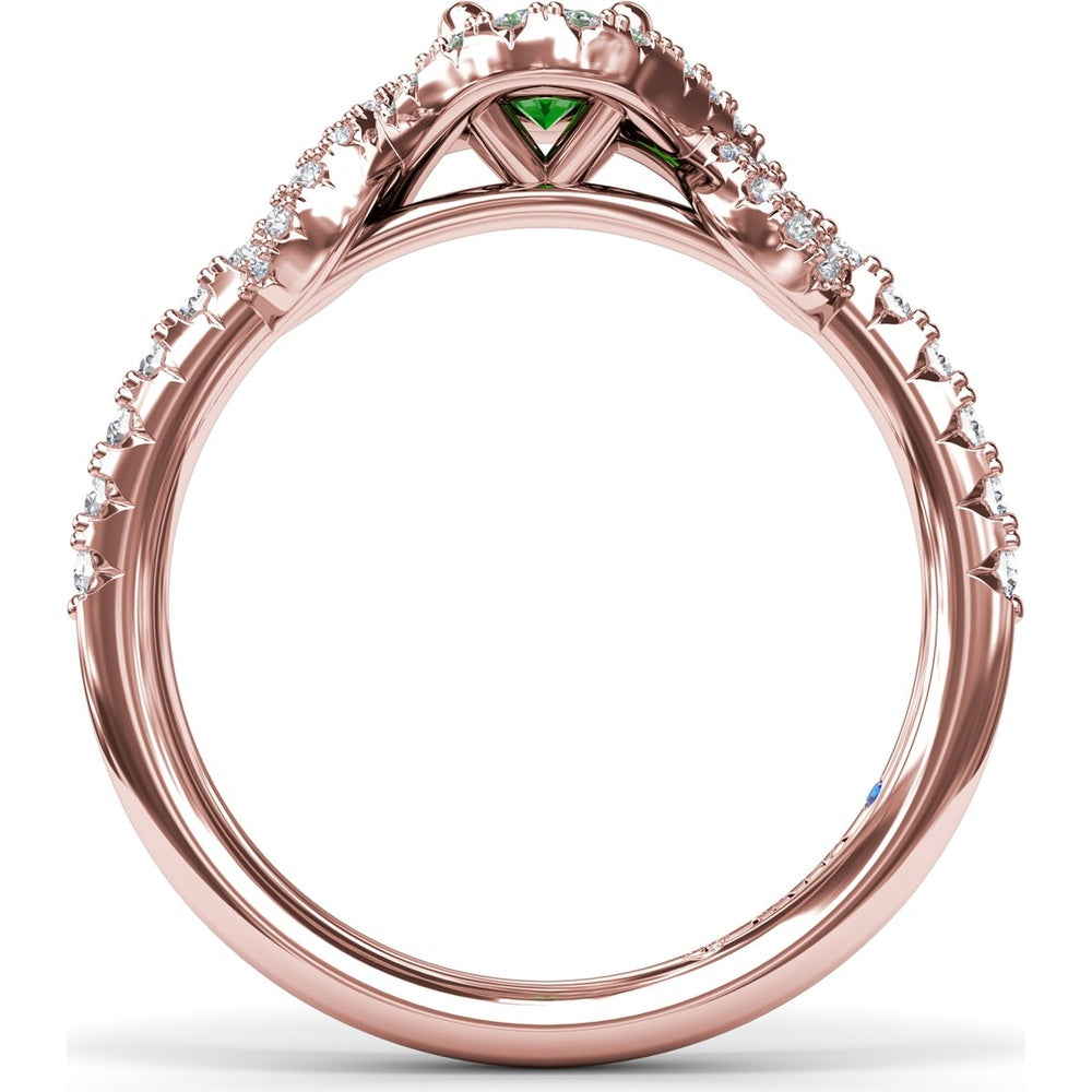 Love Knot Ring with Oval Emerald and Diamond Halo by Fana - 0.87 Carat Total Gemstone Weight