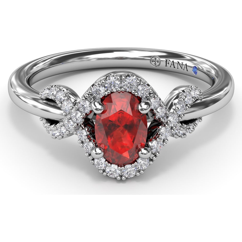 Love Knot Ring with Oval Ruby and Diamond Criss-Crossing Halo by Fana - 0.85 Carat Total Gemstone Weight