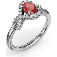 Love Knot Ring with Oval Ruby and Diamond Criss-Crossing Halo by Fana - 0.85 Carat Total Gemstone Weight