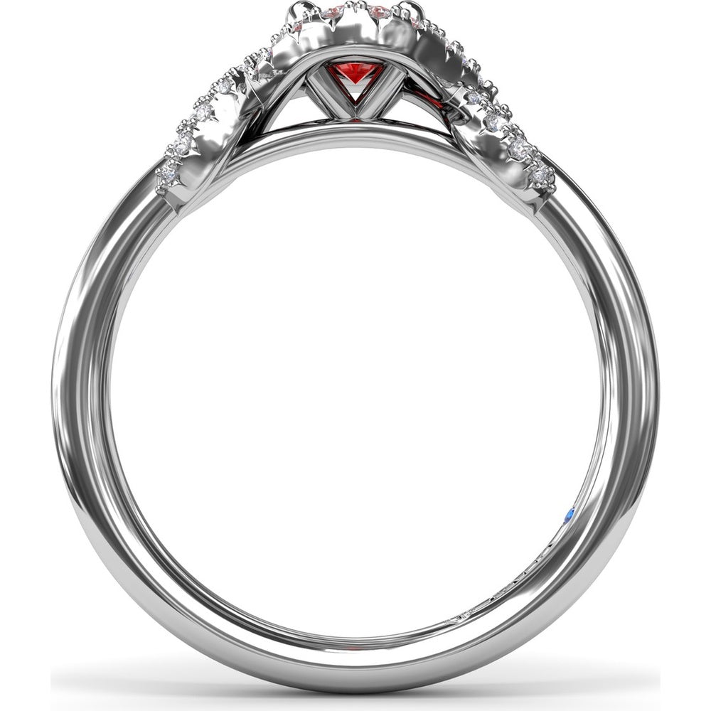 Love Knot Ring with Oval Ruby and Diamond Criss-Crossing Halo by Fana - 0.85 Carat Total Gemstone Weight