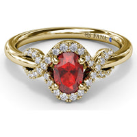 Love Knot Ring with Oval Ruby and Diamond Criss-Crossing Halo by Fana - 0.85 Carat Total Gemstone Weight