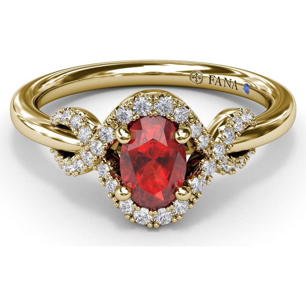 Love Knot Ring with Oval Ruby and Diamond Criss-Crossing Halo by Fana - 0.85 Carat Total Gemstone Weight