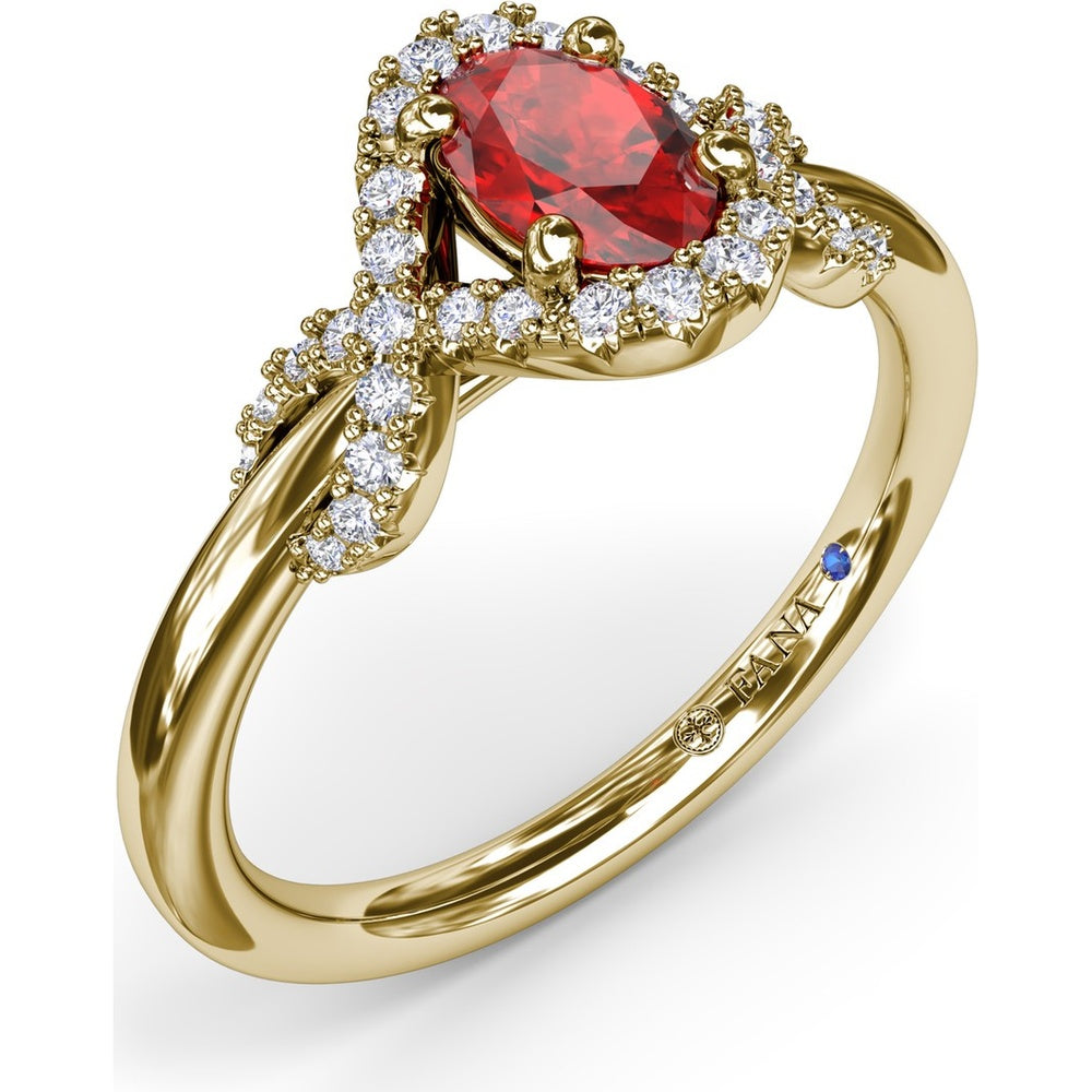 Love Knot Ring with Oval Ruby and Diamond Criss-Crossing Halo by Fana - 0.85 Carat Total Gemstone Weight