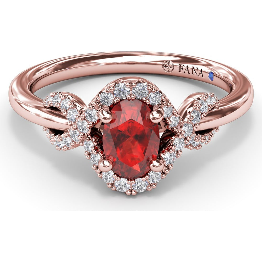 Love Knot Ring with Oval Ruby and Diamond Criss-Crossing Halo by Fana - 0.85 Carat Total Gemstone Weight
