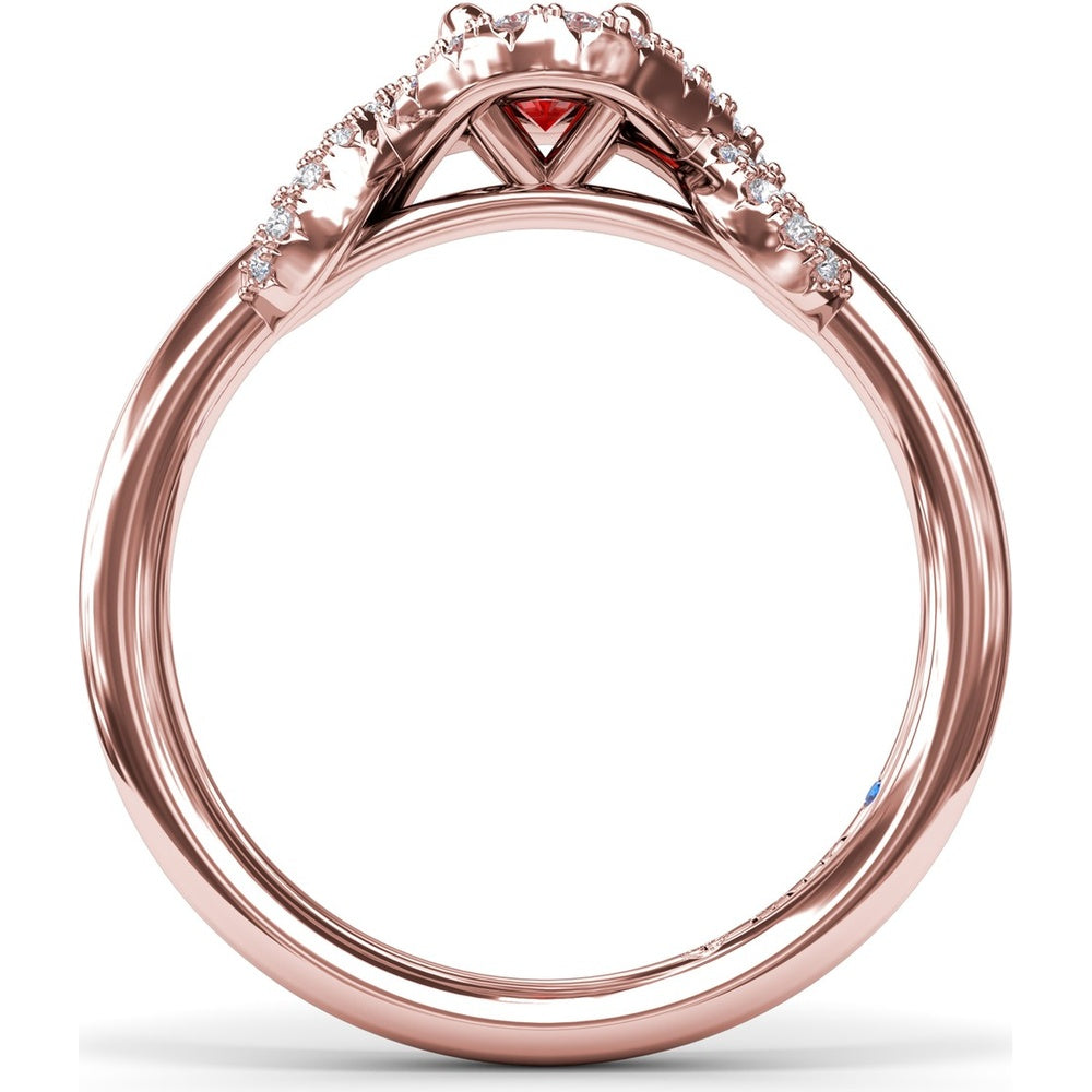 Love Knot Ring with Oval Ruby and Diamond Criss-Crossing Halo by Fana - 0.85 Carat Total Gemstone Weight