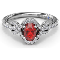 Love Knot Ring with Oval Ruby Center and Diamond Halo by Fana - 1.04 Carat Total Gemstone Weight