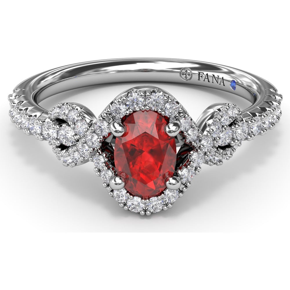 Love Knot Ring with Oval Ruby Center and Diamond Halo by Fana - 1.04 Carat Total Gemstone Weight