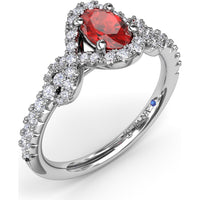 Love Knot Ring with Oval Ruby Center and Diamond Halo by Fana - 1.04 Carat Total Gemstone Weight