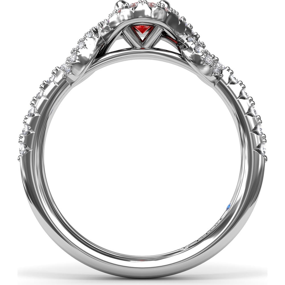 Love Knot Ring with Oval Ruby Center and Diamond Halo by Fana - 1.04 Carat Total Gemstone Weight