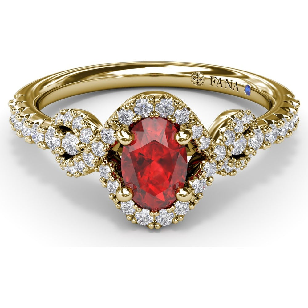 Love Knot Ring with Oval Ruby Center and Diamond Halo by Fana - 1.04 Carat Total Gemstone Weight
