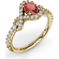 Love Knot Ring with Oval Ruby Center and Diamond Halo by Fana - 1.04 Carat Total Gemstone Weight