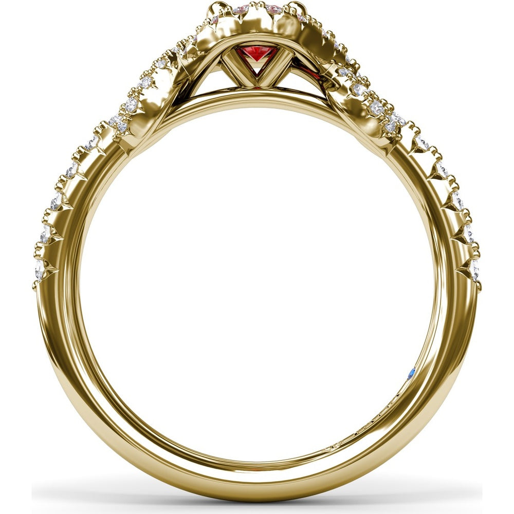Love Knot Ring with Oval Ruby Center and Diamond Halo by Fana - 1.04 Carat Total Gemstone Weight