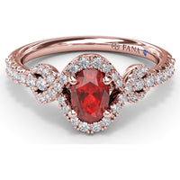 Love Knot Ring with Oval Ruby Center and Diamond Halo by Fana - 1.04 Carat Total Gemstone Weight