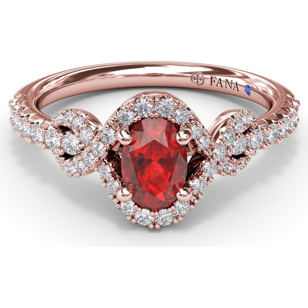 Love Knot Ring with Oval Ruby Center and Diamond Halo by Fana - 1.04 Carat Total Gemstone Weight