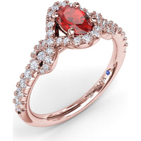 Love Knot Ring with Oval Ruby Center and Diamond Halo by Fana - 1.04 Carat Total Gemstone Weight