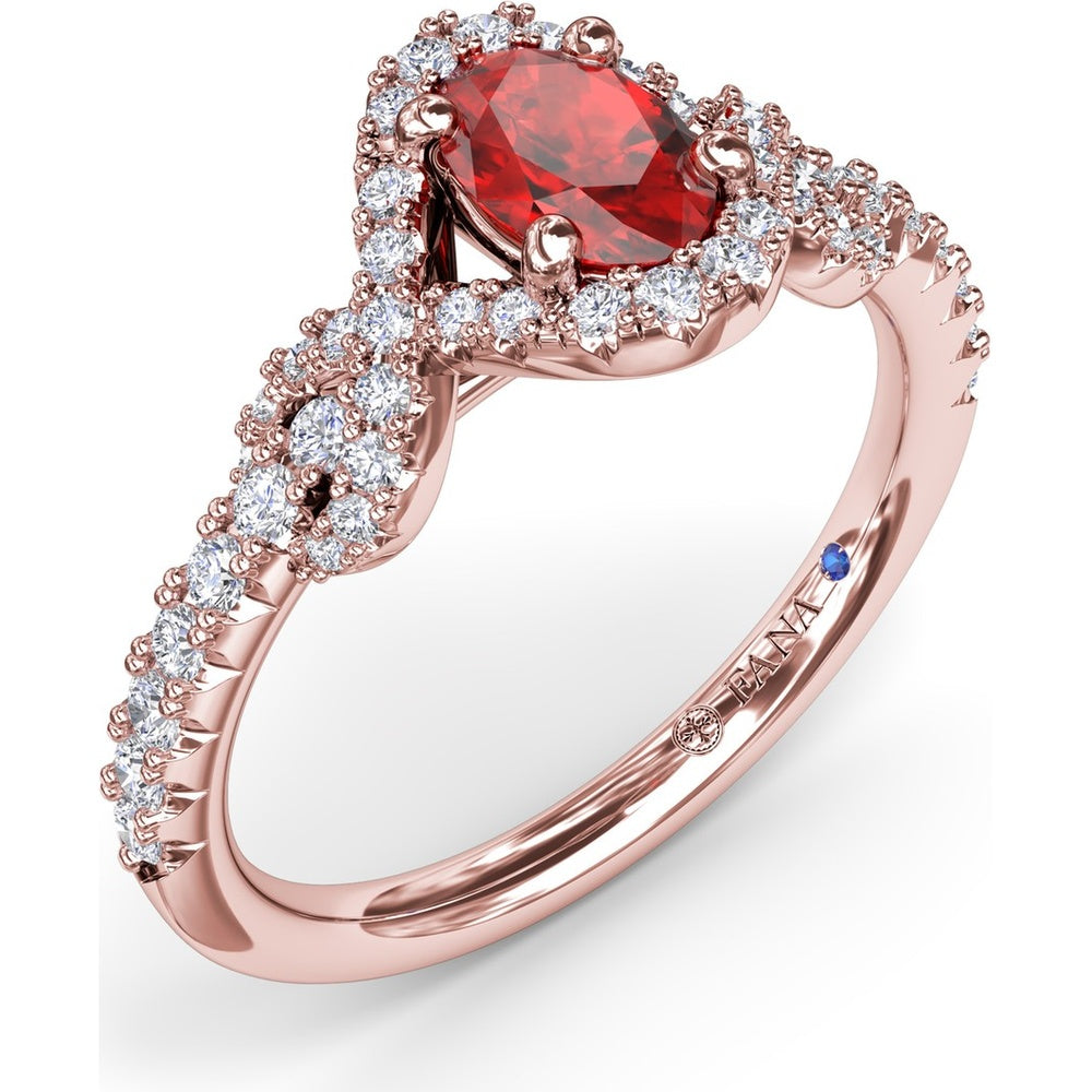 Love Knot Ring with Oval Ruby Center and Diamond Halo by Fana - 1.04 Carat Total Gemstone Weight