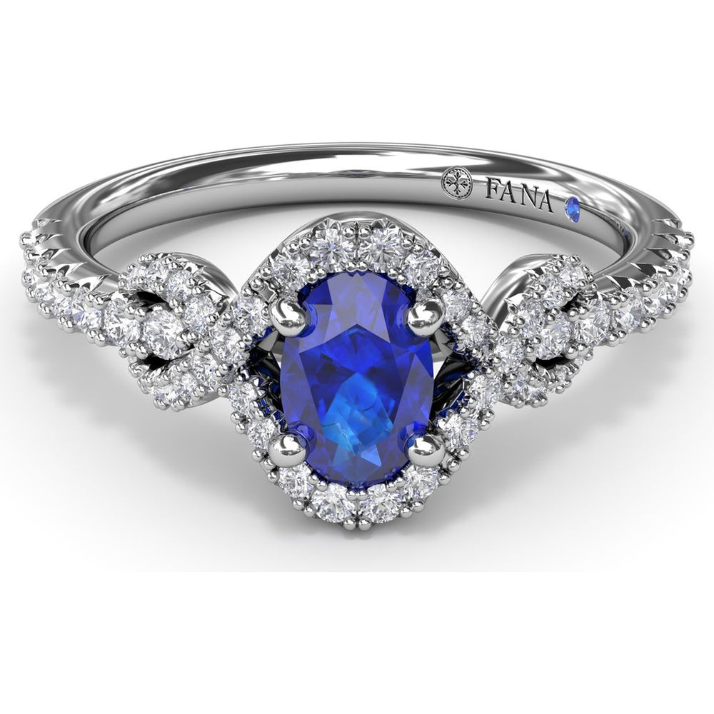 Love Knot Ring with Oval Sapphire and Diamond Halo by Fana - 1.04 Carat Total Gemstone Weight