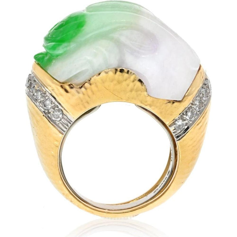 Luxe Carved Jade & Diamond Ring - David Webb Platinum & 18K Yellow Gold