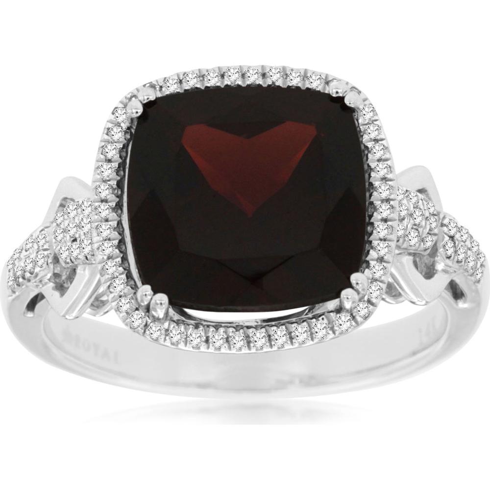 Luxurious 14K White Gold Cushion Cut Garnet and Diamond Ring