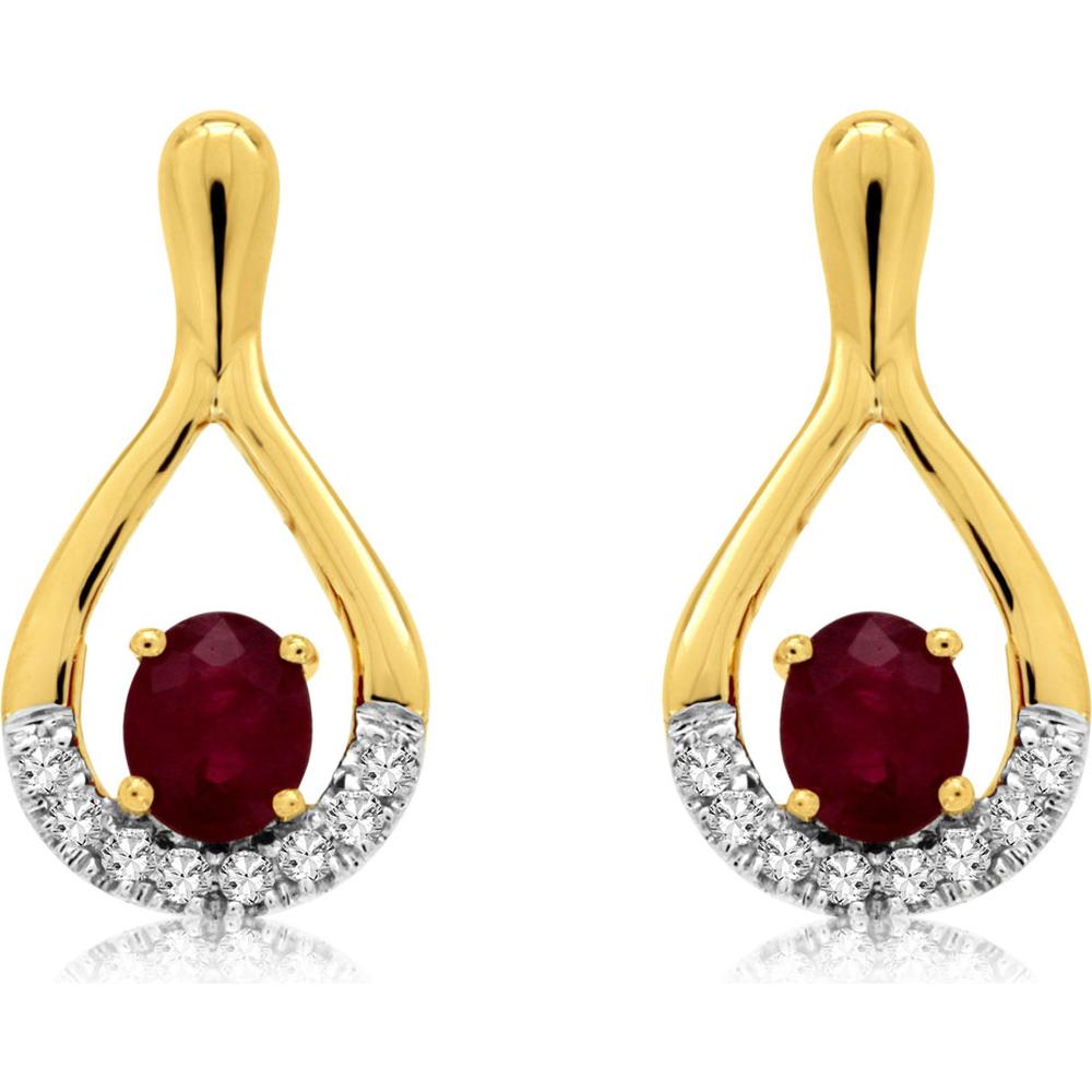 Luxurious 14K Yellow Gold Ruby & Diamond Oval Earrings