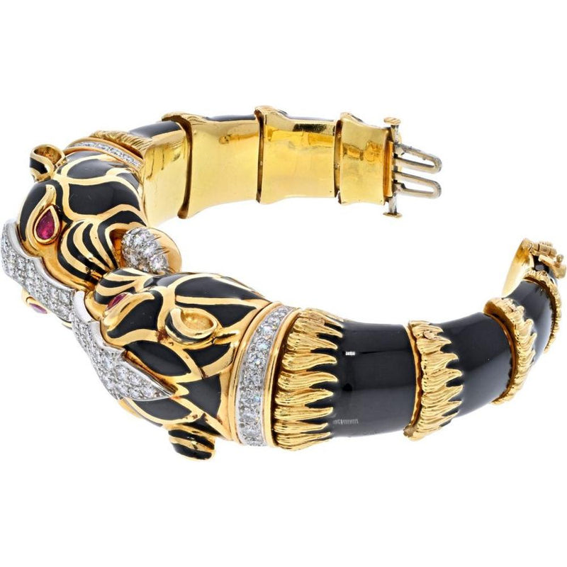Luxurious David Webb Black Enamel Double Lion Bracelet