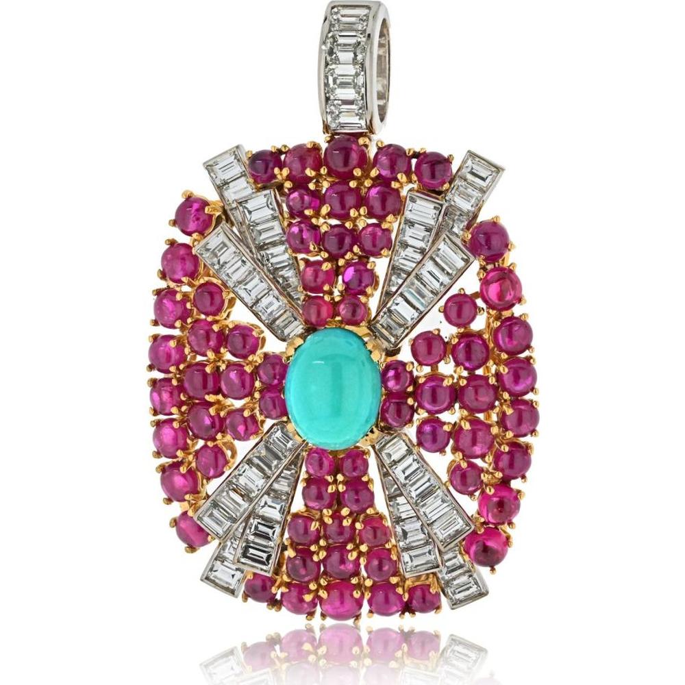 Luxurious David Webb Turquoise Diamond Ruby Pendant