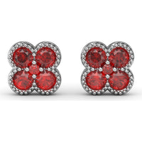 Magnolia Floral Cluster Earrings with Milgrain Detail and Round Rubies by Fana - 1.08 Carat Total Ruby Weight