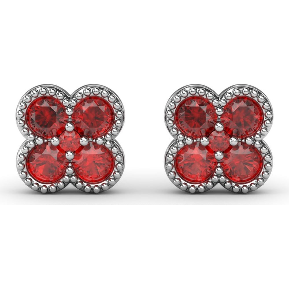 Magnolia Floral Cluster Earrings with Milgrain Detail and Round Rubies by Fana - 1.08 Carat Total Ruby Weight