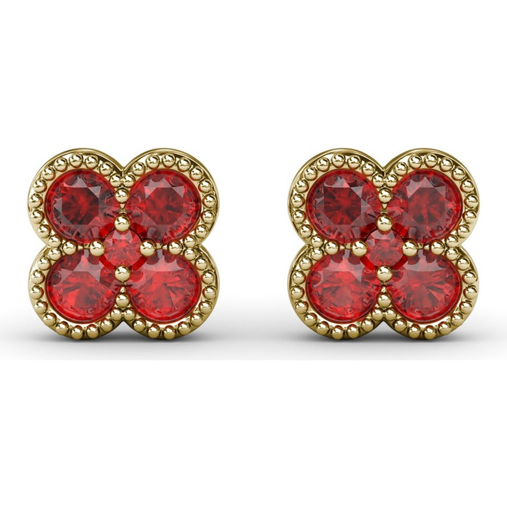 Magnolia Floral Cluster Earrings with Milgrain Detail and Round Rubies by Fana - 1.08 Carat Total Ruby Weight