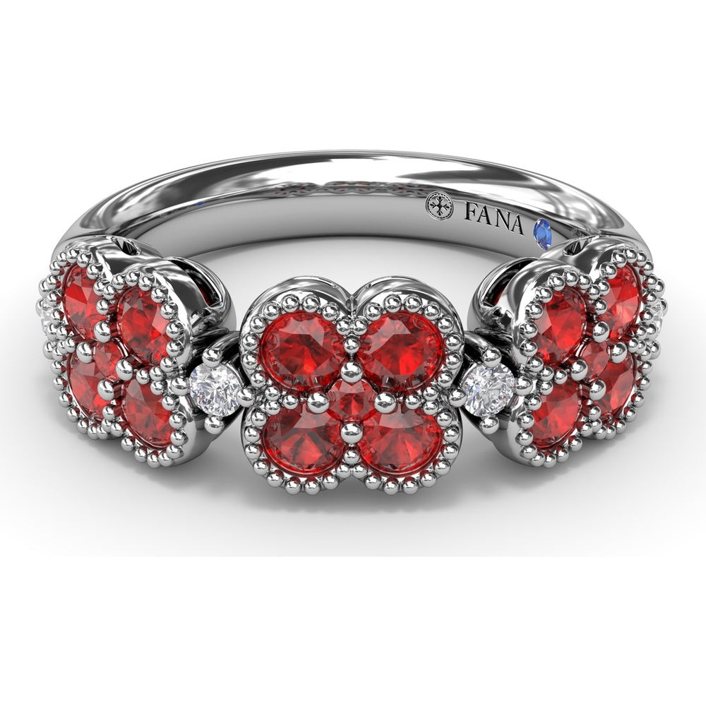 Magnolia Floral Cluster Ring with Round Rubies and Diamond Accents by Fana - 1.24 Carat Total Gemstone Weight