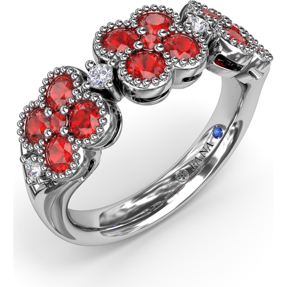 Magnolia Floral Cluster Ring with Round Rubies and Diamond Accents by Fana - 1.24 Carat Total Gemstone Weight